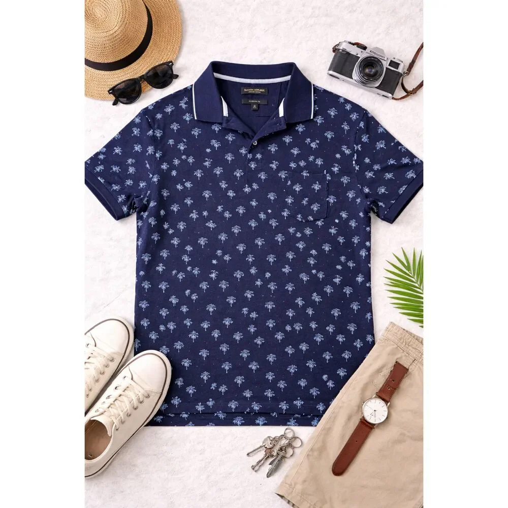 Banana Republic Men’s Polo Shirt Size M Navy Palm Tree Print Short Sleeve (36